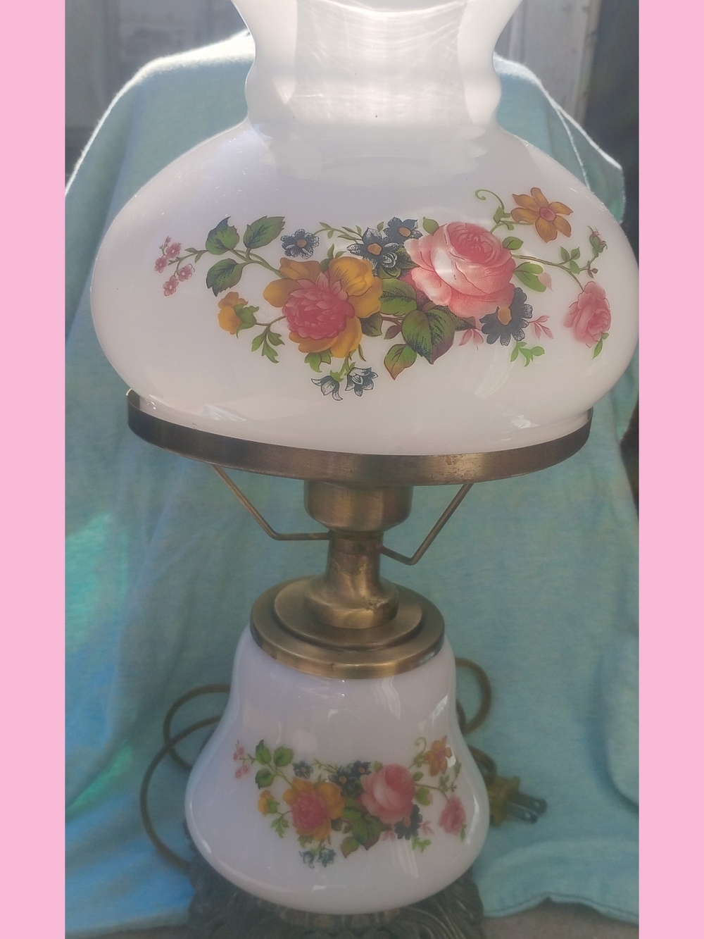 Vintage Floral Milk Glass Table Lamp - White with Pink & Yellow Flowers